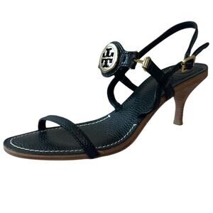 Tory Burch Mira Black Leather Gold Logo Kitten Heel Sandals Size 8